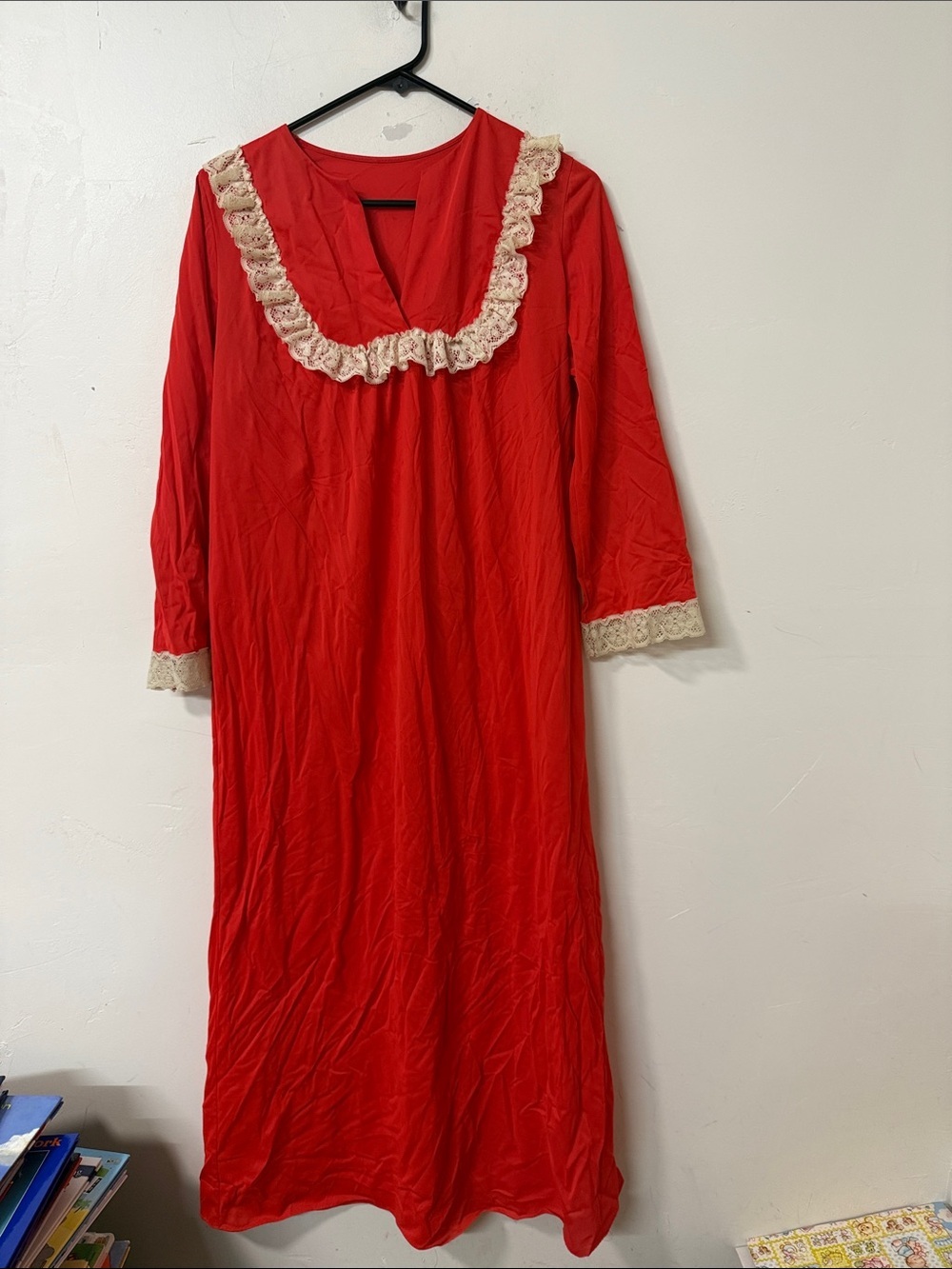 Red Nightgown with Cream Lace Trim 1970’s